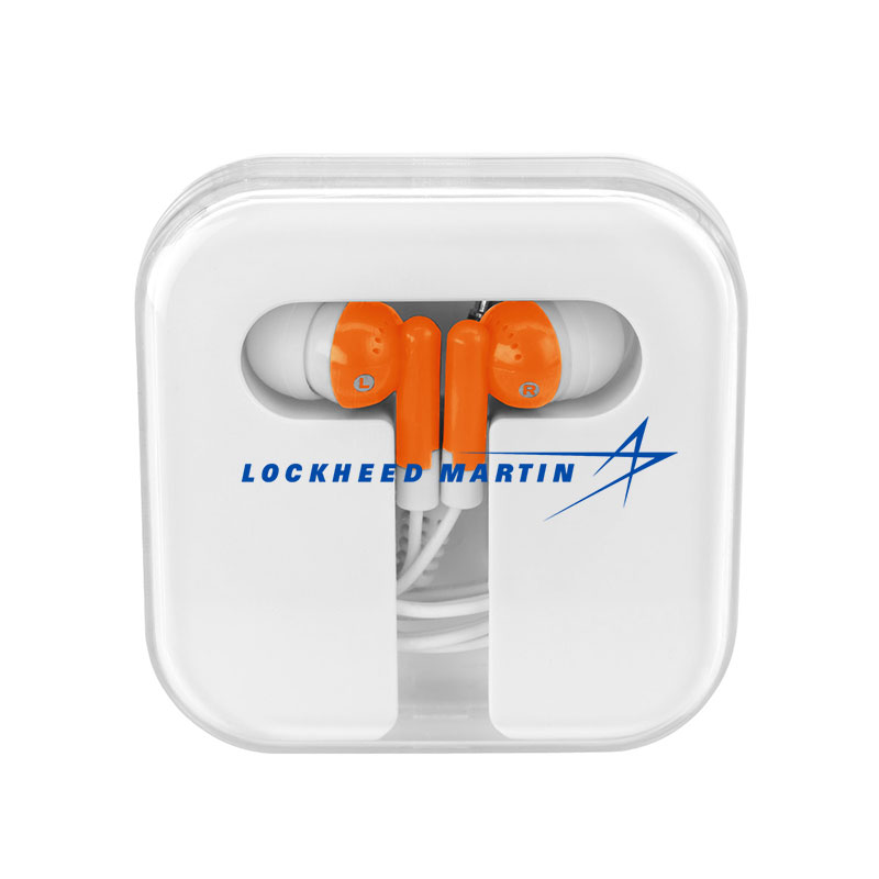 Ear Buds In Compact Case - White/Orange