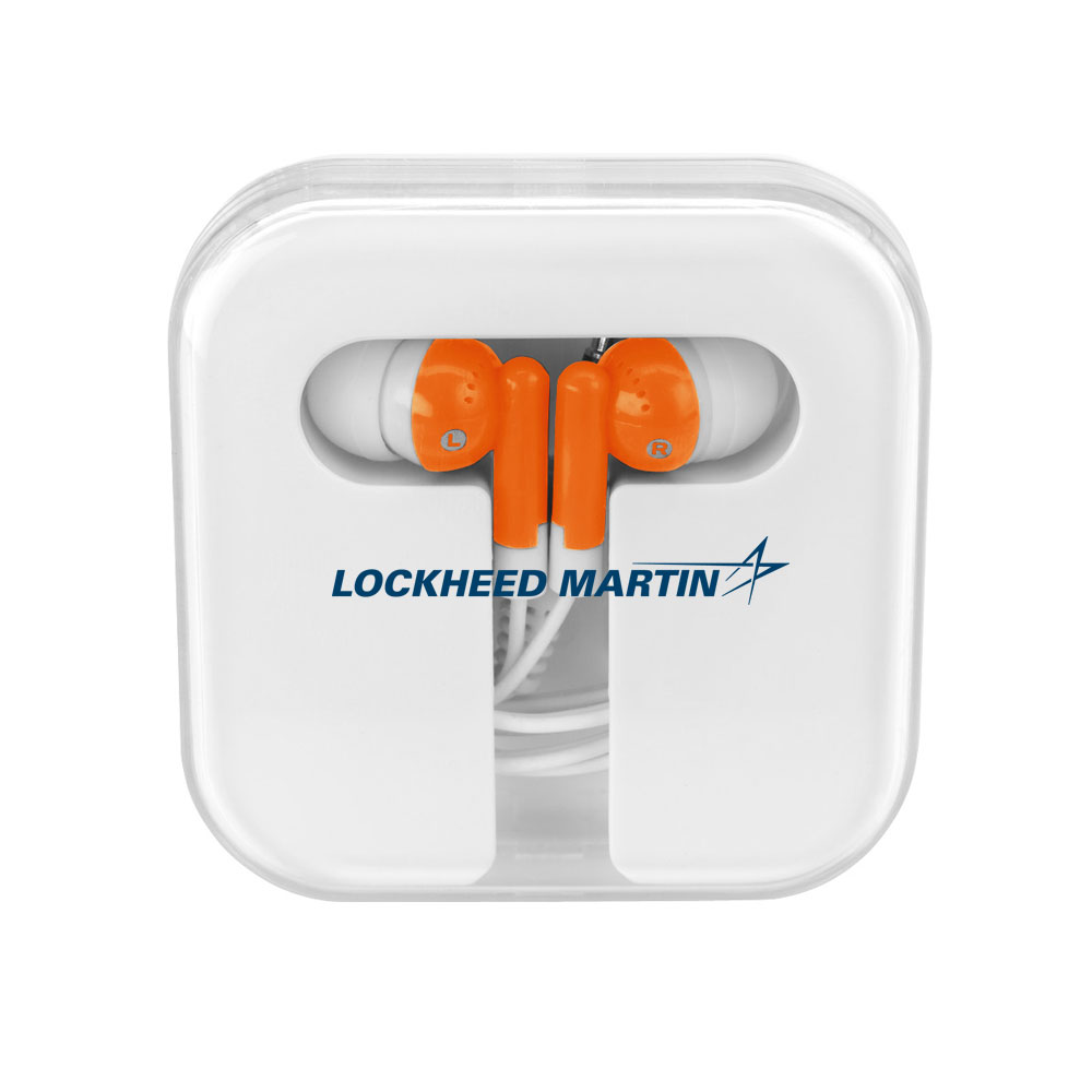 White-Orange-Lockheed-Martin-Ear-Buds-In-Company-Case