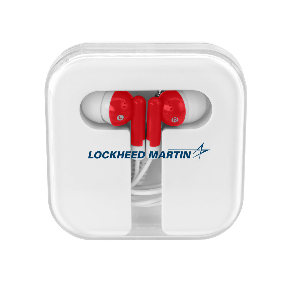 White-Red-Lockheed-Martin-Ear-Buds-In-Company-Case