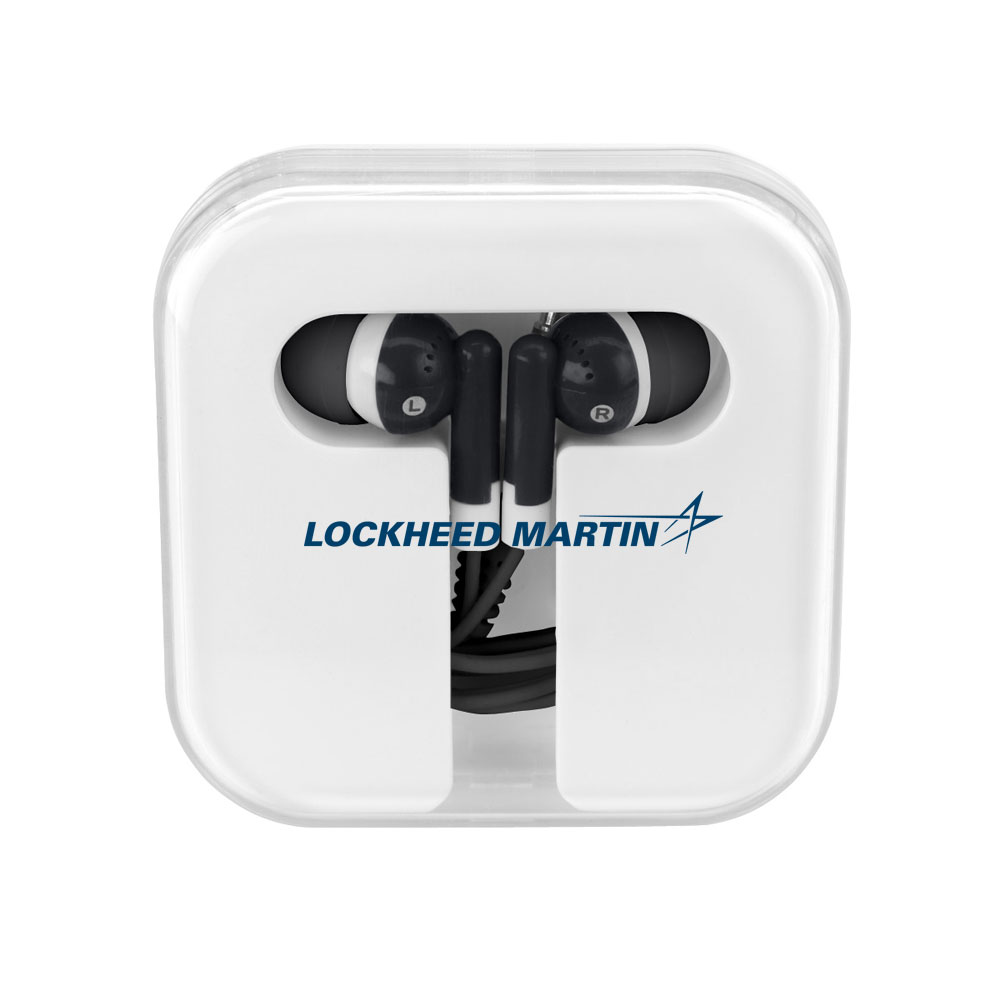 WhiteBlack-Lockheed-Martin-Ear-Buds-In-Company-Case