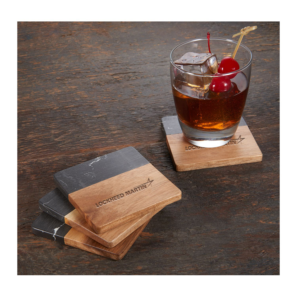 Black Marble & Wood Coaster Set 2